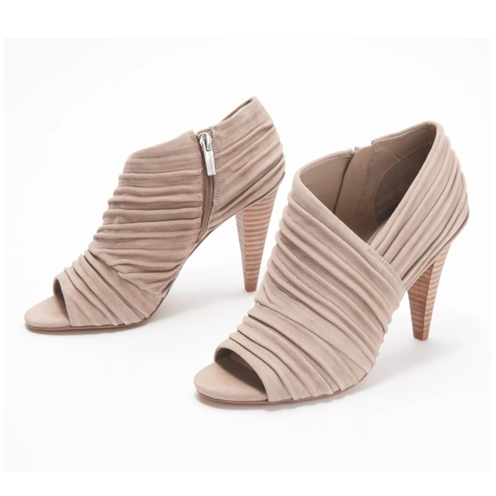 Vince Camuto Taupe Ruched Peep-Toe High Heel Booties